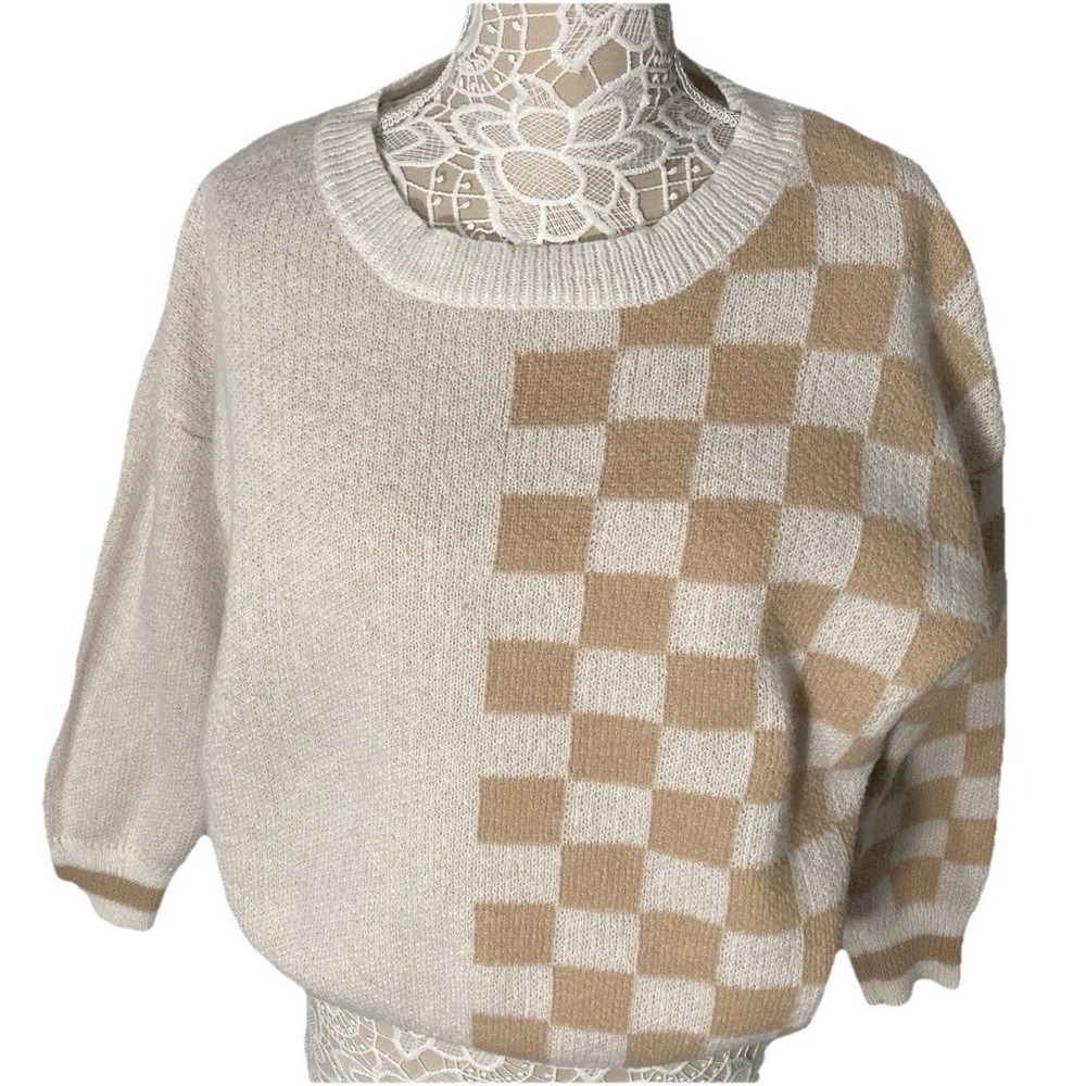 1XL Beige Checkerboard Sweater Women's Pullover Knit Soft Cozy Minimalist